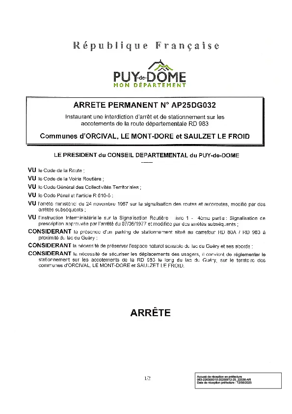 Interdiction arr&ecirc;t et stationnement accotements RD 983 Lac de Gu&eacute;ry